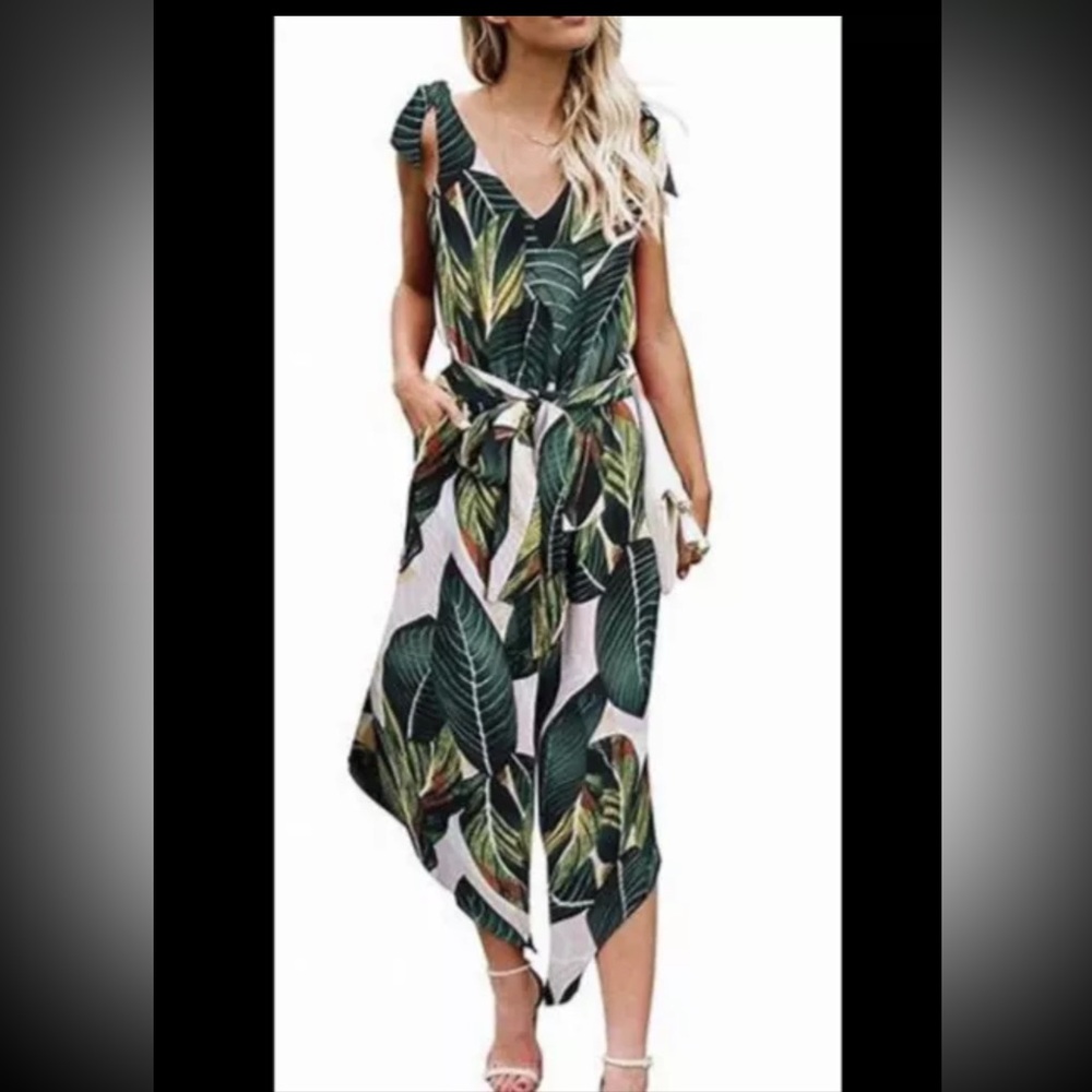 BELONGSCI Women Sleeveless Jumpsuit with Belt V-Neck Wide Leg